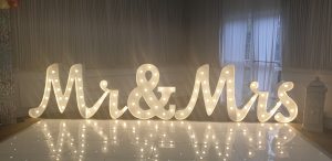 photo of the wedding decor at The Park Liverpool and light up letters mr and mrs